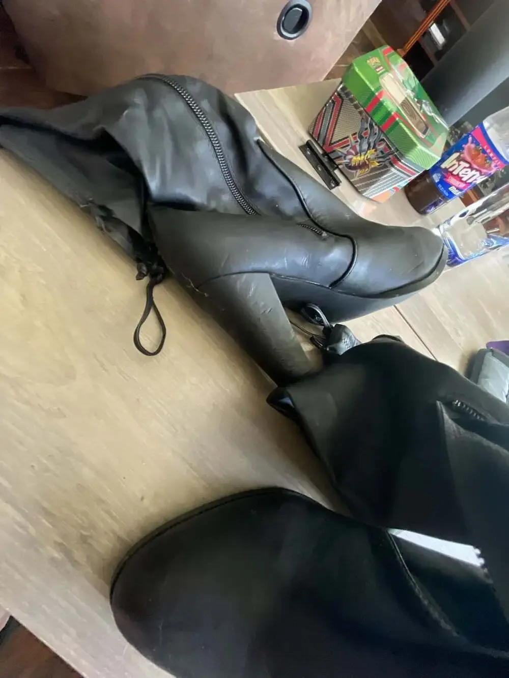 Black Faux Leather Over-the-Knee High Heel Boots with Side Zipper and Drawstring